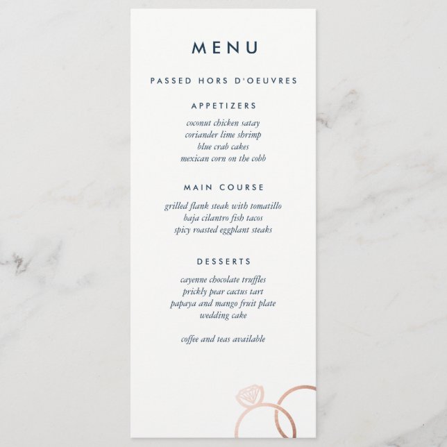 Modern Rose Gold Rings Custom Wedding Menu (Front)
