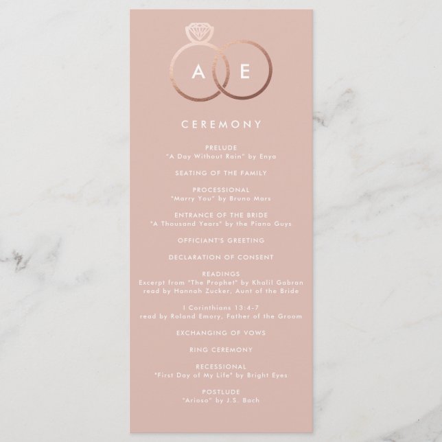 Modern Rose Gold Rings Custom Wedding Program Programme (Front)