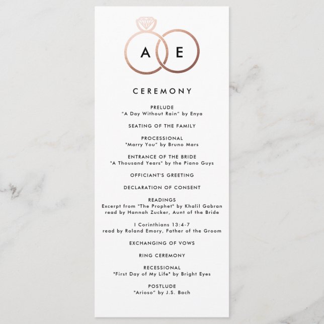 Modern Rose Gold Rings Custom Wedding Program Programme (Front)