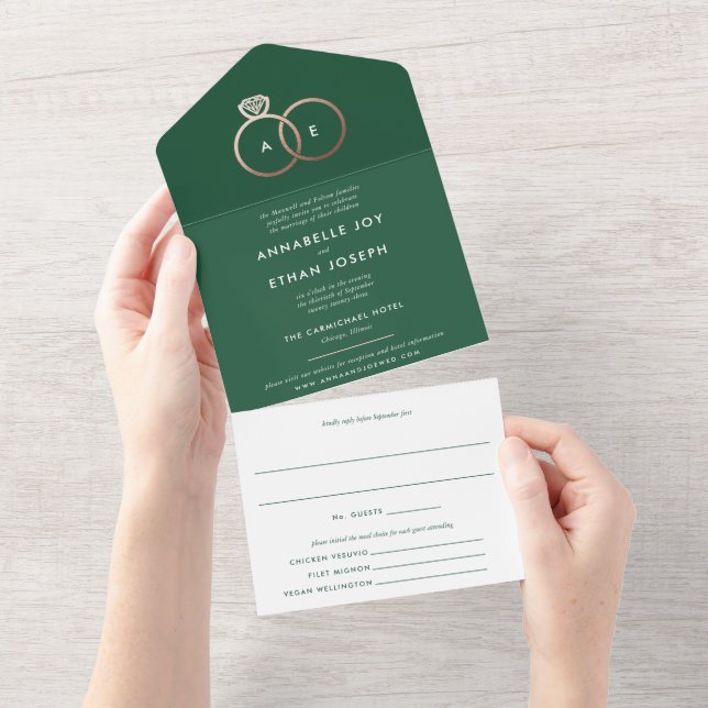 Modern Rose Gold Rings Green Wedding All In One Invitation (Tearaway)