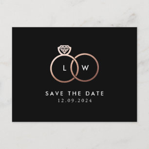 Modern Rose Gold Rings Monogram Black Postcard