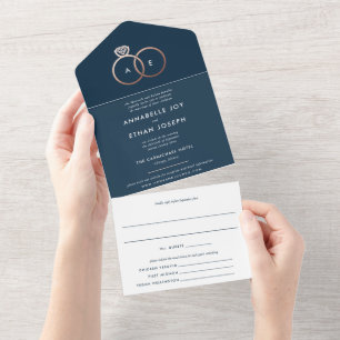Modern Rose Gold Rings Navy Blue Wedding All In One Invitation