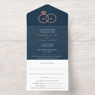 Modern Rose Gold Rings Navy Blue Wedding  All In One Invitation