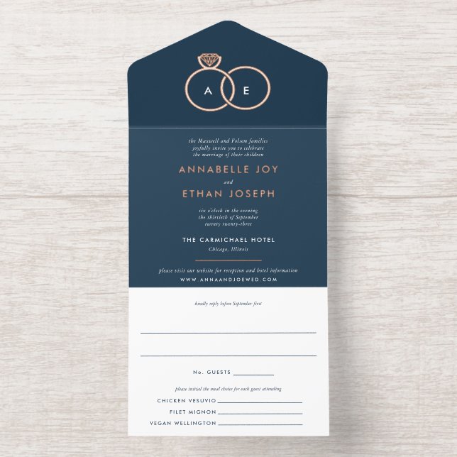 Modern Rose Gold Rings Navy Blue Wedding  All In One Invitation (Inside)