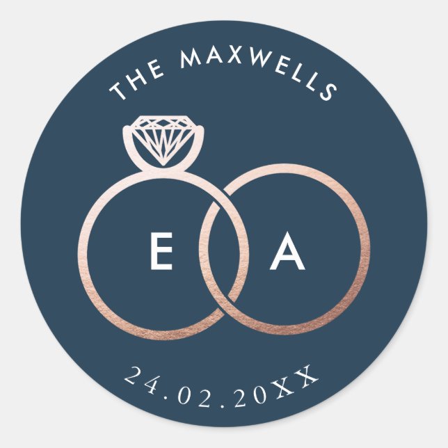 Modern Rose Gold Rings Navy Blue Wedding Sticker (Front)