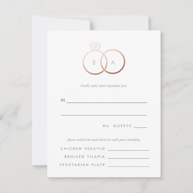 Modern Rose Gold Rings Wedding RSVP Reply Card (Front)