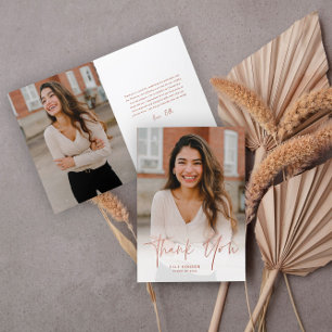 Modern Rose Gold Script 2 Photo Graduation Thank You Card