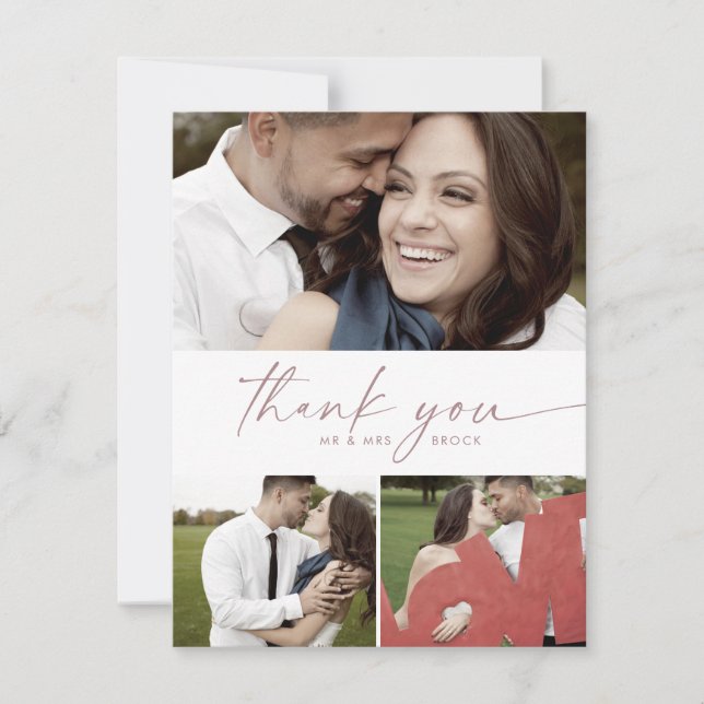 Modern Rose Gold Script 3 Photo Collage Wedding Thank You Card (Front)