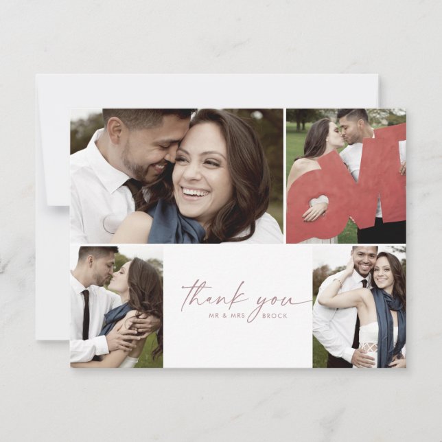 Modern Rose Gold Script 4 Photo Collage Wedding Thank You Card (Front)