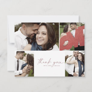 Modern Rose Gold Script 4 Photo Collage Wedding Thank You Card