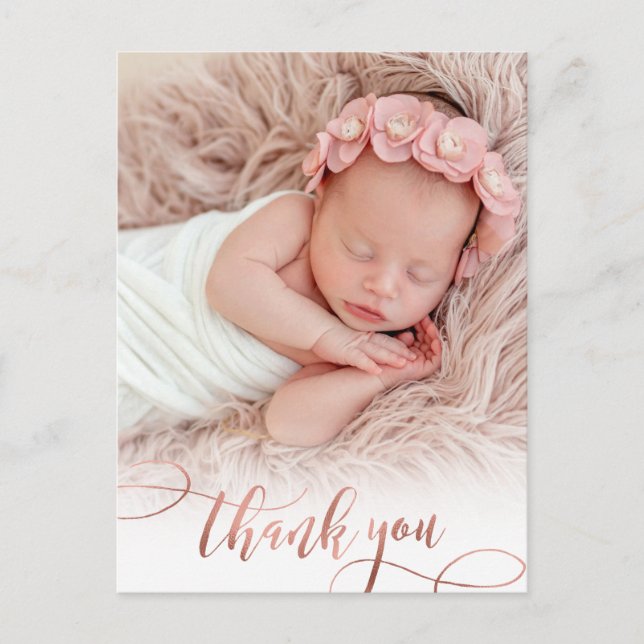 Modern Rose Gold Script Baby Girl Photo Thank You  Postcard (Front)