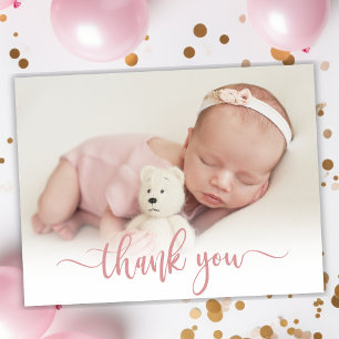 Modern Rose Gold Script Baby Photo Thank You