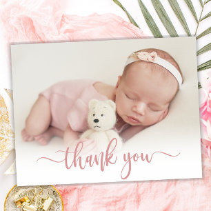 Modern Rose Gold Script Baby Photo Thank You  Postcard