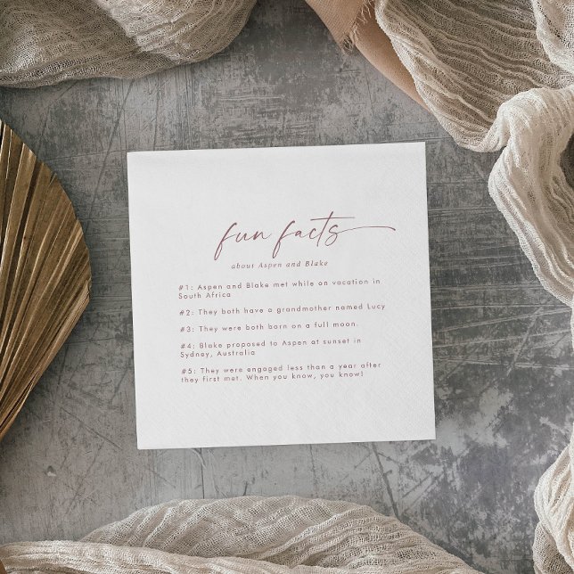 Modern Rose Gold Script Fun Facts Wedding Napkins (Creator Uploaded)