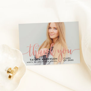 Modern Rose Gold Script Graduation Photo Thank You Card