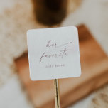 Modern Rose Gold Script Her Favourite Wedding Favo Square Sticker<br><div class="desc">These modern rose gold script her favourite wedding favour stickers are perfect for a minimalist wedding. The simple blush pink rose gold colour design features unique industrial lettering typography with modern boho style. Customisable in any colour. Keep the design minimal and elegant, as is, or personalise it by adding your...</div>