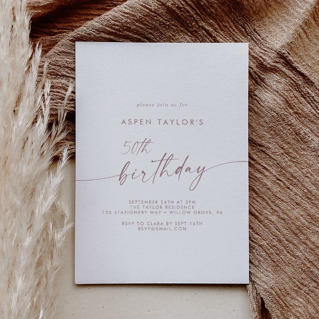 Modern Rose Gold Script Minimal Pink 50th Birthday Invitation (Modern Rose Gold Script Minimal Pink 50th Birthday Invitation)