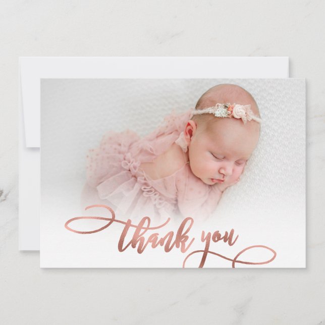 Modern Rose Gold Script New Baby Photo Thank You Card (Front)