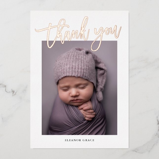 Modern Rose Gold Script Photo Baby Thank You (Front)
