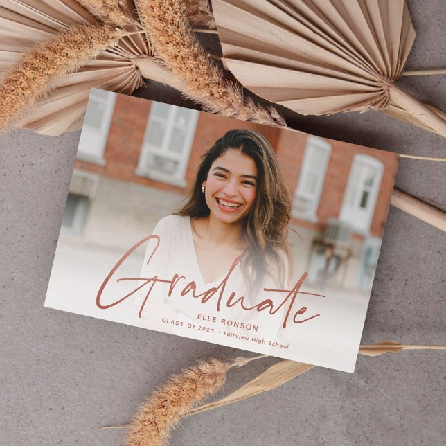 Modern Rose Gold Script Photo Graduation Announcement (Creator Uploaded)
