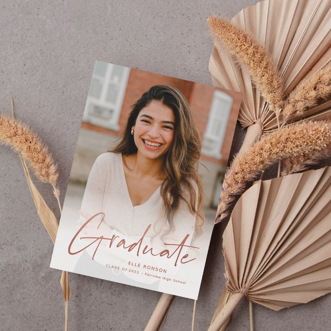 Modern Rose Gold Script Photo Graduation Party Invitation (Creator Uploaded)