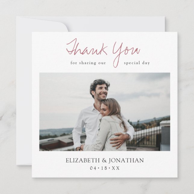 Modern Rose Gold Script Photo Thank You Wedding Card (Front)