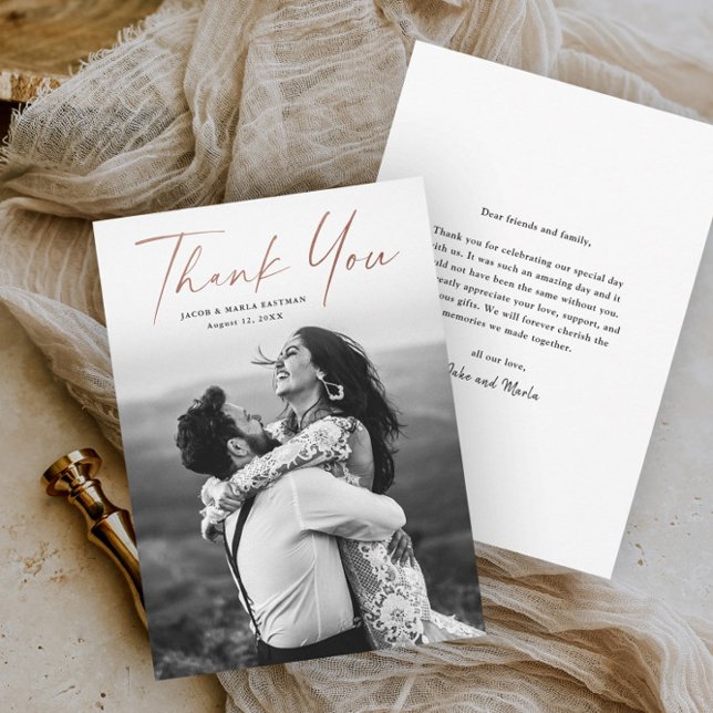 Modern Rose Gold Script Photo Wedding Thank You Card (Creator Uploaded)