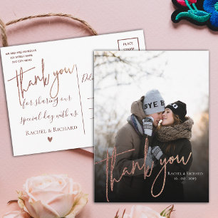Modern Rose Gold Script Photo Wedding Thank You Postcard
