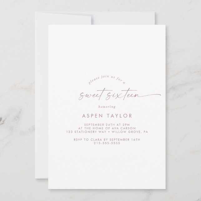 Modern Rose Gold Script Sweet Sixteen Birthday Invitation (Front)
