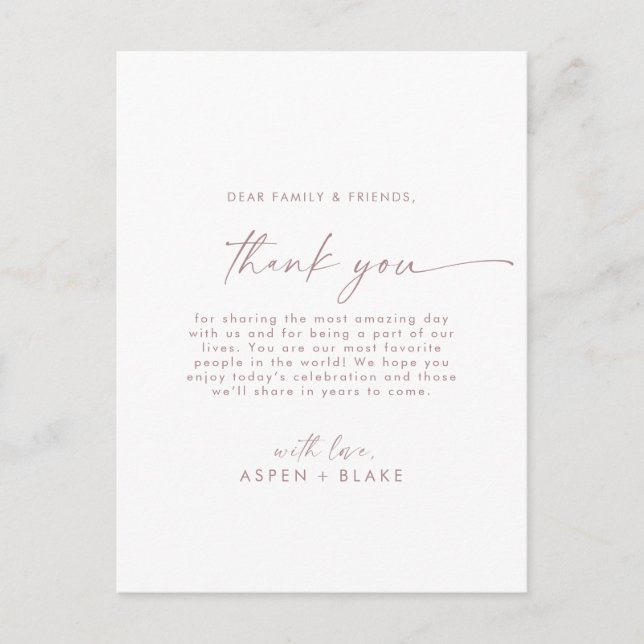 Modern Rose Gold Script Thank You Reception Card (Front)