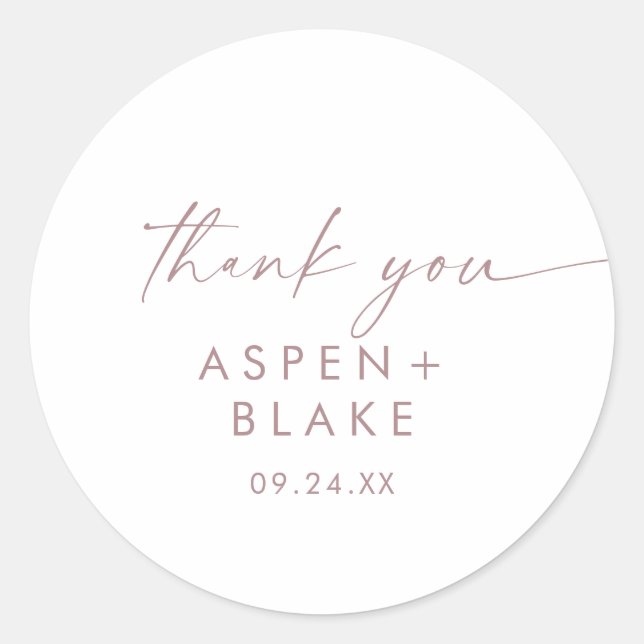 Modern Rose Gold Script Thank You Wedding Favour Classic Round Sticker (Front)