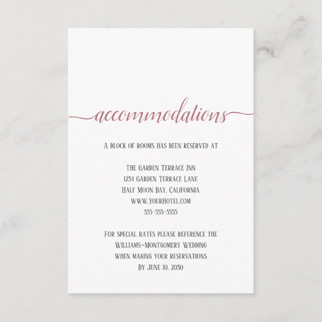 Modern Rose Gold Script Wedding Accommodations Enclosure Card (Front)