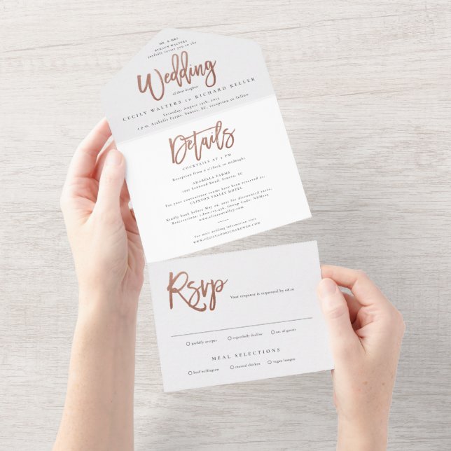 Modern rose gold script wedding all in one invitat all in one invitation (Tearaway)