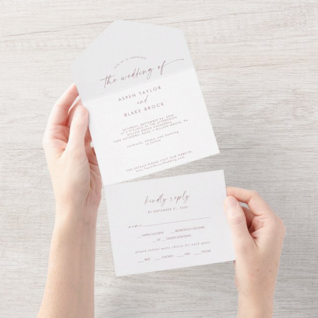 Modern Rose Gold Script Wedding All In One Invitation (Tearaway)