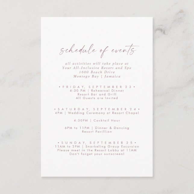 Modern Rose Gold Script Wedding Schedule of Events Enclosure Card (Front)
