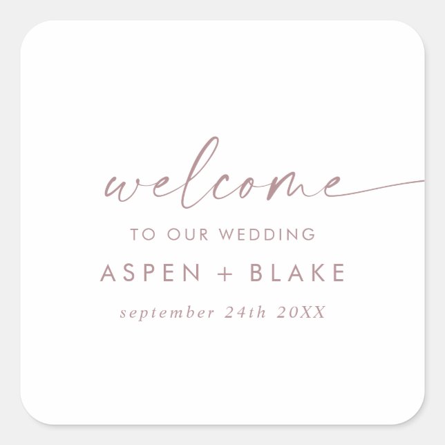 Modern Rose Gold Script Wedding Welcome Square Sticker (Front)