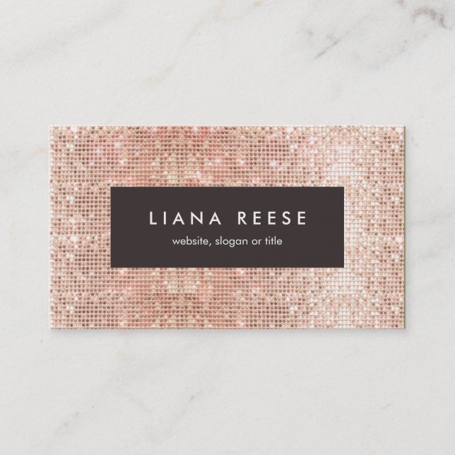Modern Rose Gold Sequin Beauty Salon Brown Plaque Business Card (Front)