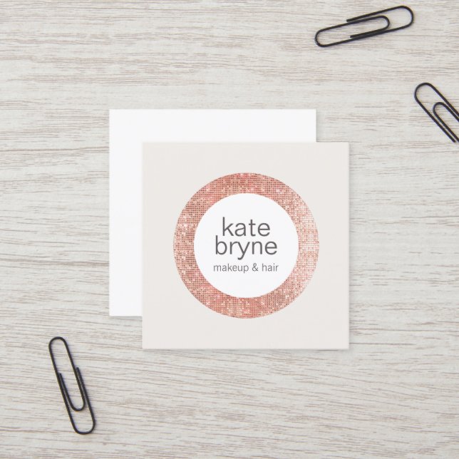 Modern Rose Gold Sequin Cosmetologist Beauty Salon Square Business Card (Front/Back In Situ)