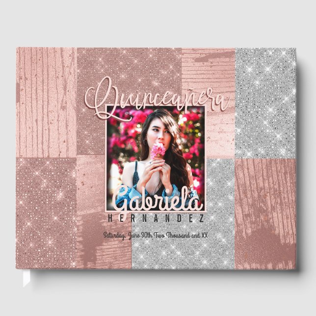 Modern Rose Gold Silver Glitter Photo Quinceañera Guest Book (Front)