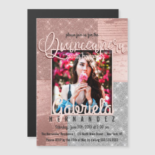 Modern Rose Gold Silver Glitter Photo Quinceañera Magnetic Invitation
