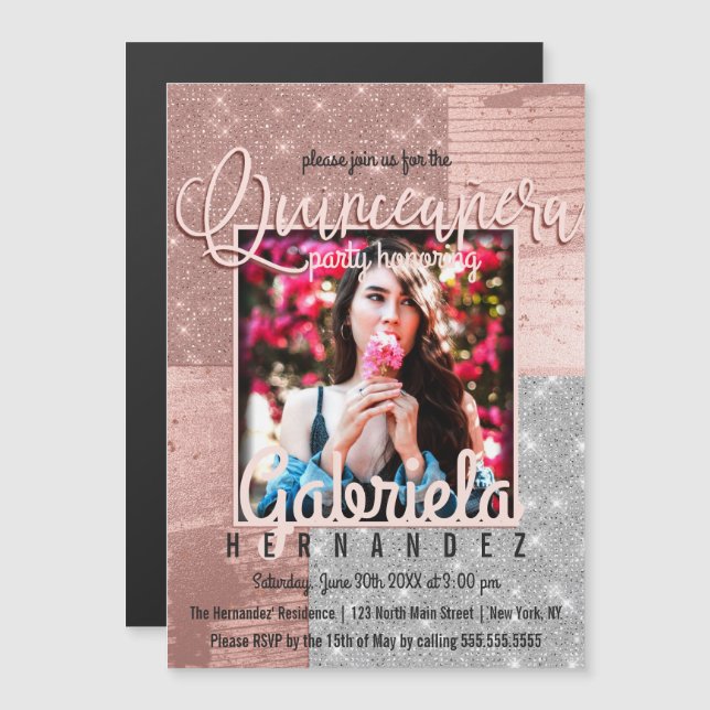Modern Rose Gold Silver Glitter Photo Quinceañera Magnetic Invitation (Front/Back)