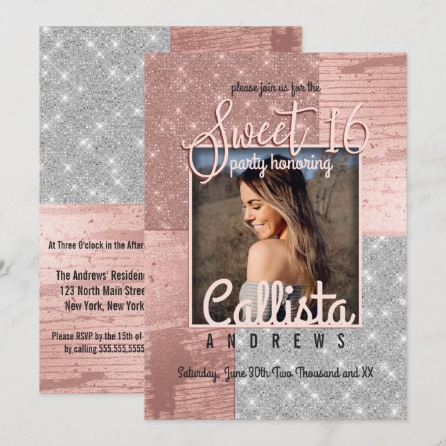 Modern Rose Gold Silver Glitter Photo Sweet 16 Invitation (Front/Back)