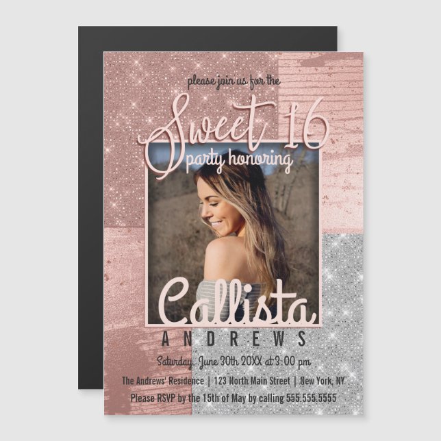 Modern Rose Gold Silver Glitter Photo Sweet 16 Magnetic Invitation (Front/Back)