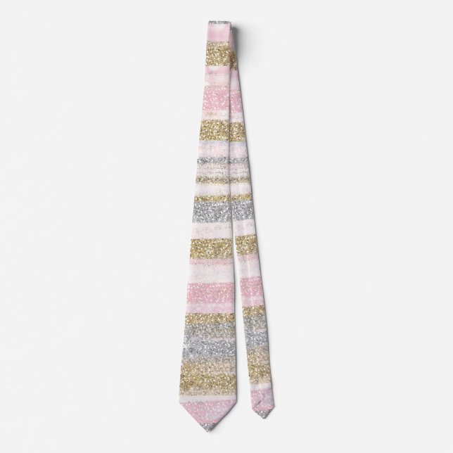 Modern Rose Gold Silver Glitter Strokes Stripes Tie (Front)