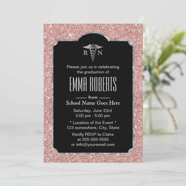 Modern Rose Gold & Silver RN Nurse Graduation Invitation (Standing Front)
