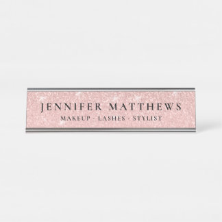 Modern Rose Gold Sparkle Glitter Makeup Desk Name Plate