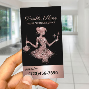 Modern Rose Gold Sparkles Maid House Cleaning Business Card