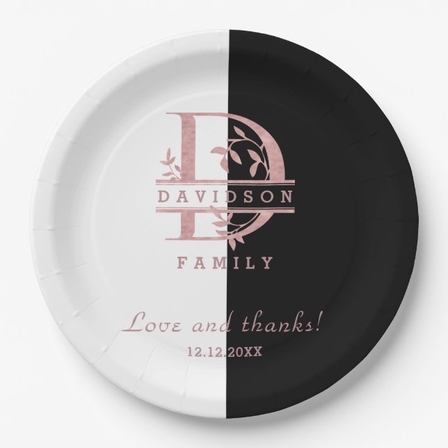 Modern Rose Gold Split Custom Monogram A, B, C, D Paper Plate (Front)