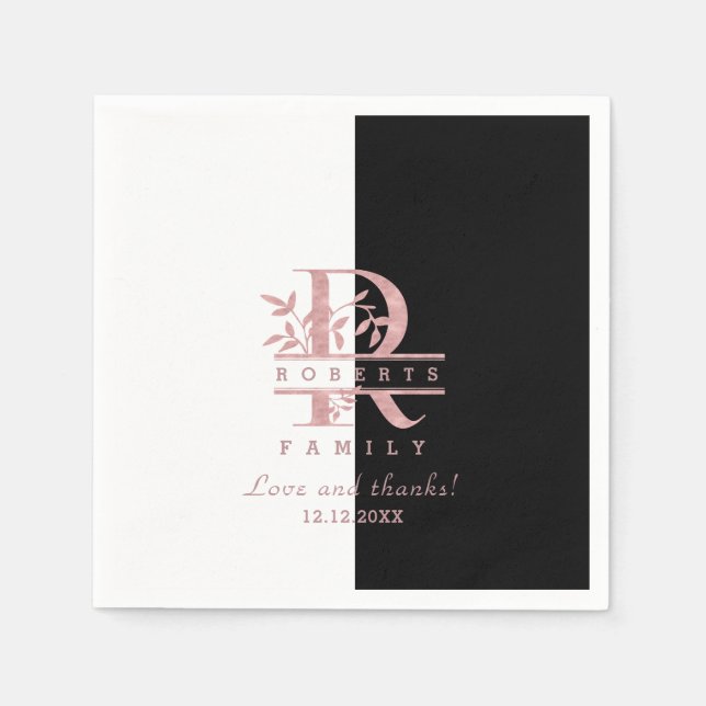 Modern Rose Gold Split Custom Monogram R Napkin (Front)