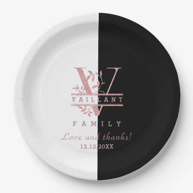 Modern Rose Gold Split Custom Monogram V Paper Plate (Front)